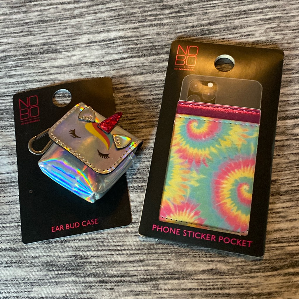Cell Phone Accessories Bundle Silver Unicorn Ear Bud Case Tie Dye Sticker Pocket